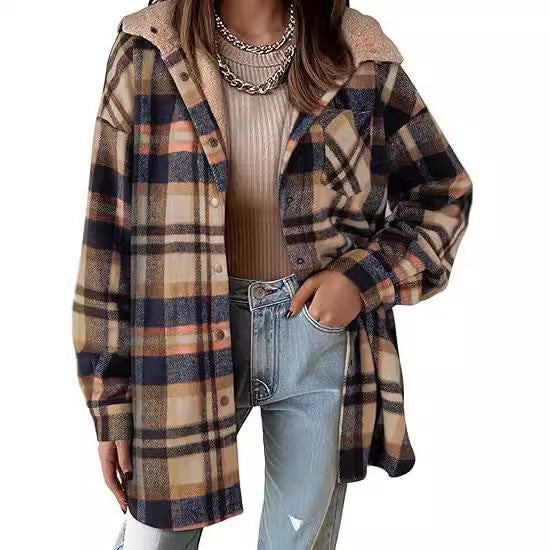 European And American Style Women Flannel Plaid Jacket Long Sleeve Autumn