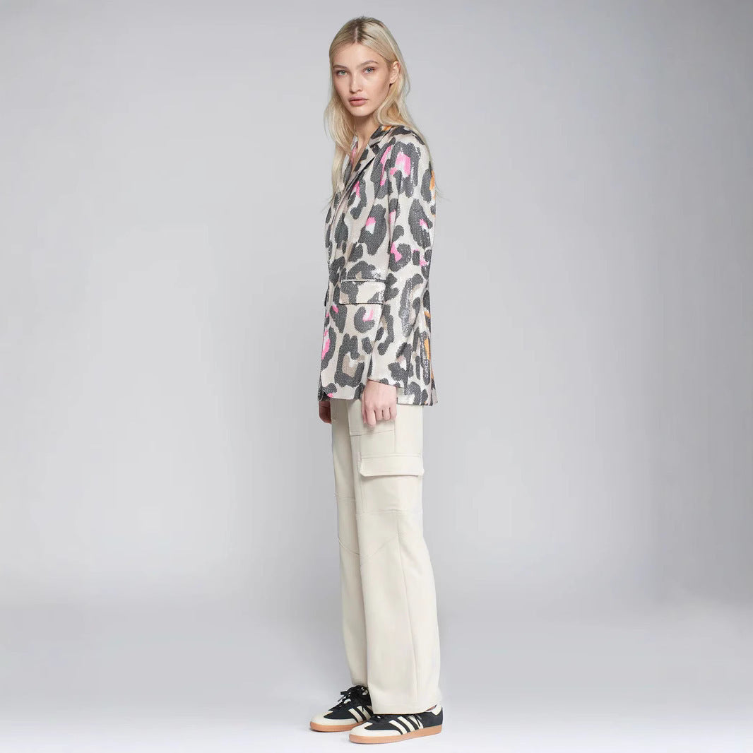 Fashion Slim-fit Printed Button V-neck Long-sleeved Jacket